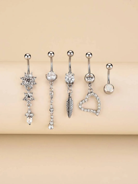 Rhinestone Heart Charm Navel Belly Ring (5pcs)