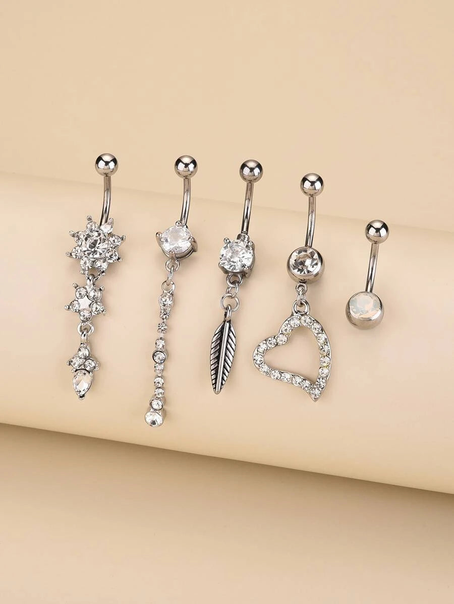 Rhinestone Heart Charm Navel Belly Ring (5pcs)