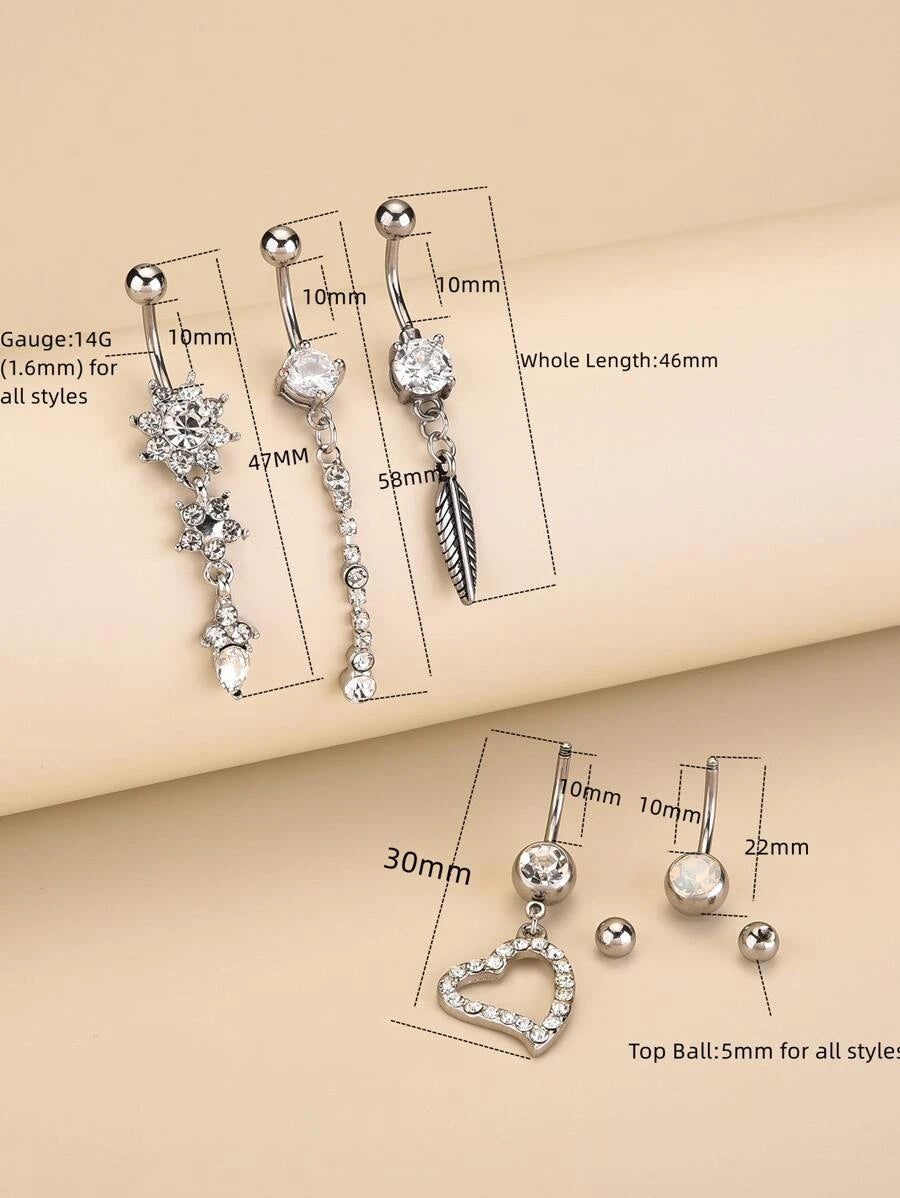 Rhinestone Heart Charm Navel Belly Ring (5pcs)