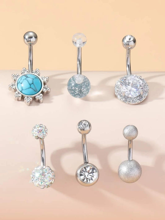 Turquoise & Zircon Decor Navel Belly Ring (6pcs)