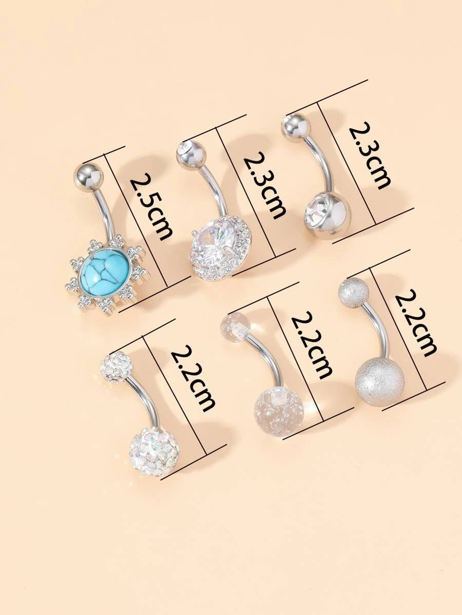 Turquoise & Zircon Decor Navel Belly Ring (6pcs)